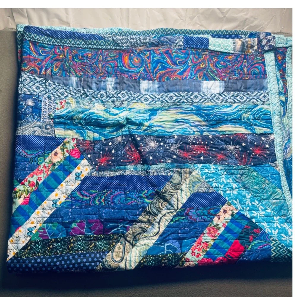 Handmade Batik Quilt Multicolor Cotton 78x70 Bohemian Patchwork Jelly Roll